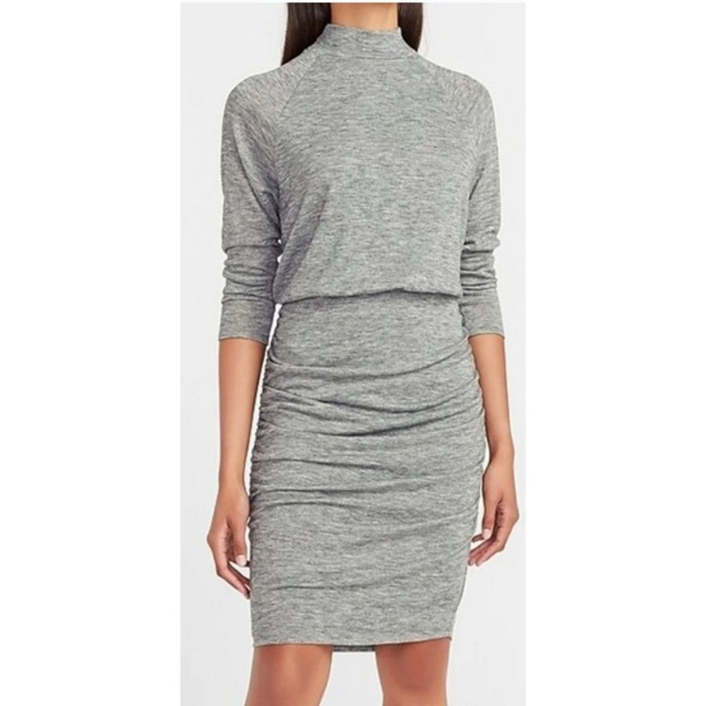 Express Heather Gray Mock Turtleneck Long Sleeve Ruched Knit Dress Size Small P
